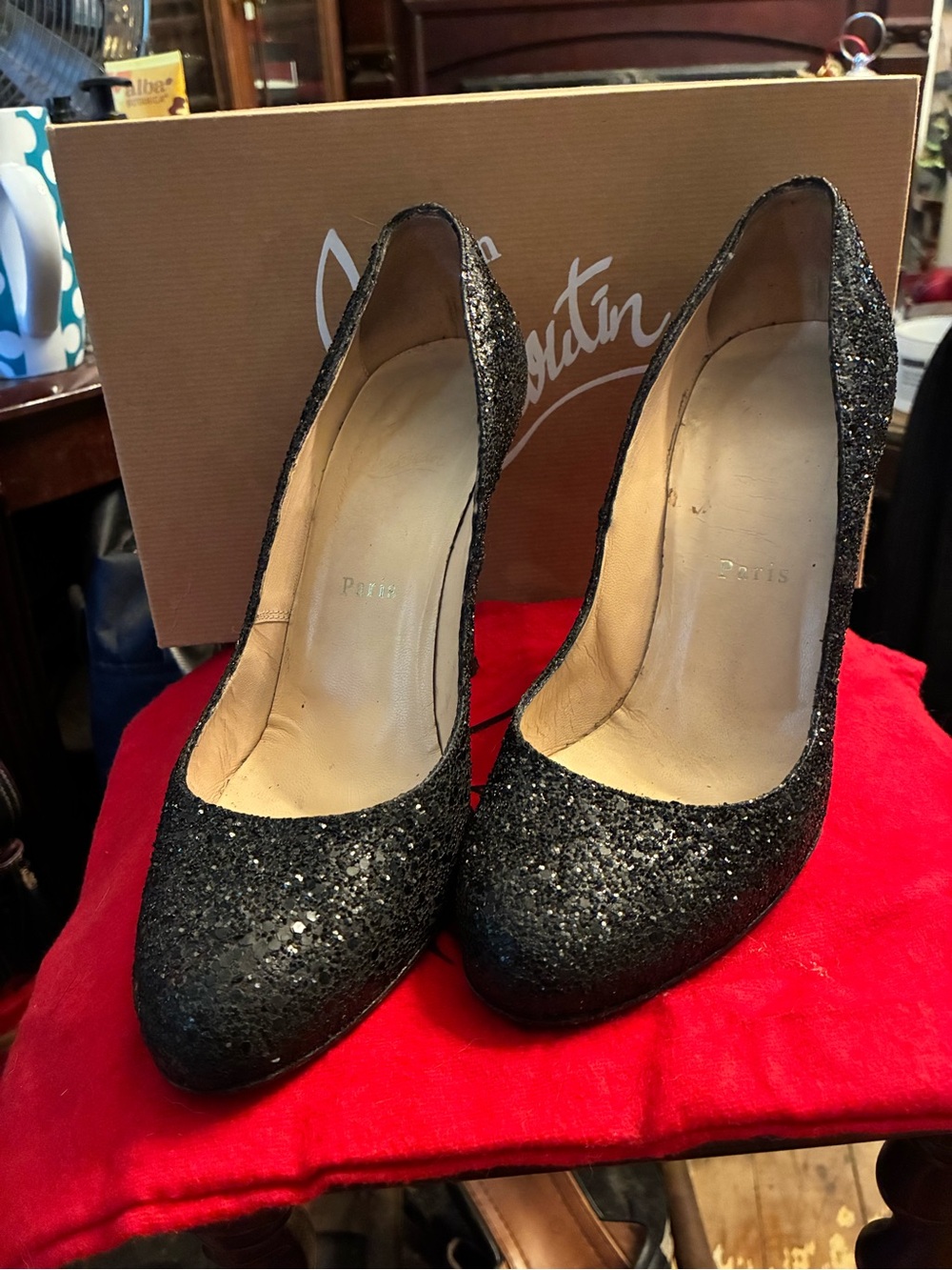 Christian Louboutin Black Glitter Pointed-Toe Pumps Ron Ron 100mm